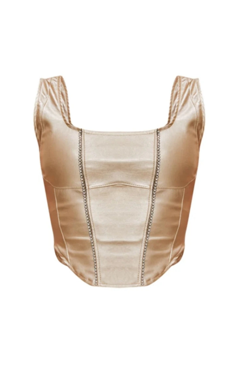 Gold Faux Leather Square Neckline Corset Top AV-CNF5974GLD