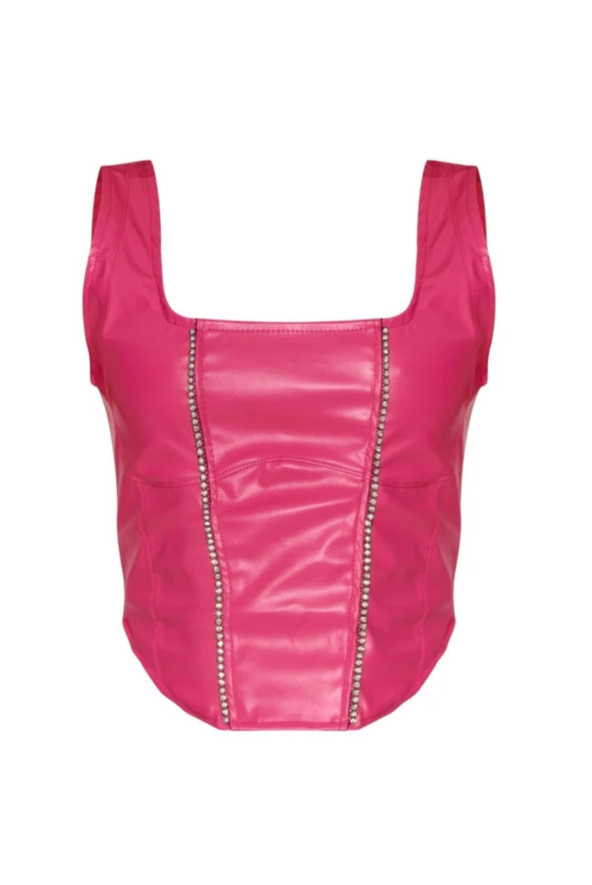 Hot Pink Faux Leather Square Neckline Diamante Top AV-CNF5974HP