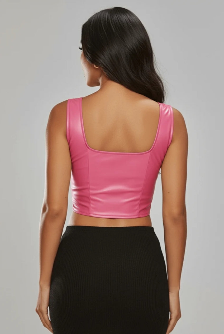 Hot Pink Faux Leather Square Neckline Diamante Top AV-CNF5974HP