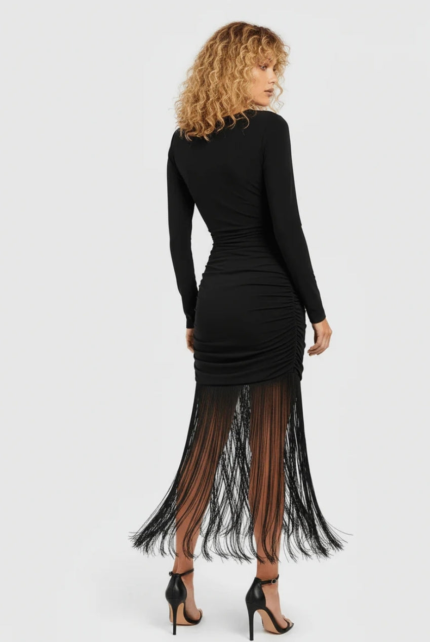 Black Fringe Tassel Hem Cami Long Sleeve Bodycon Midi Dress AV-GZZ73028