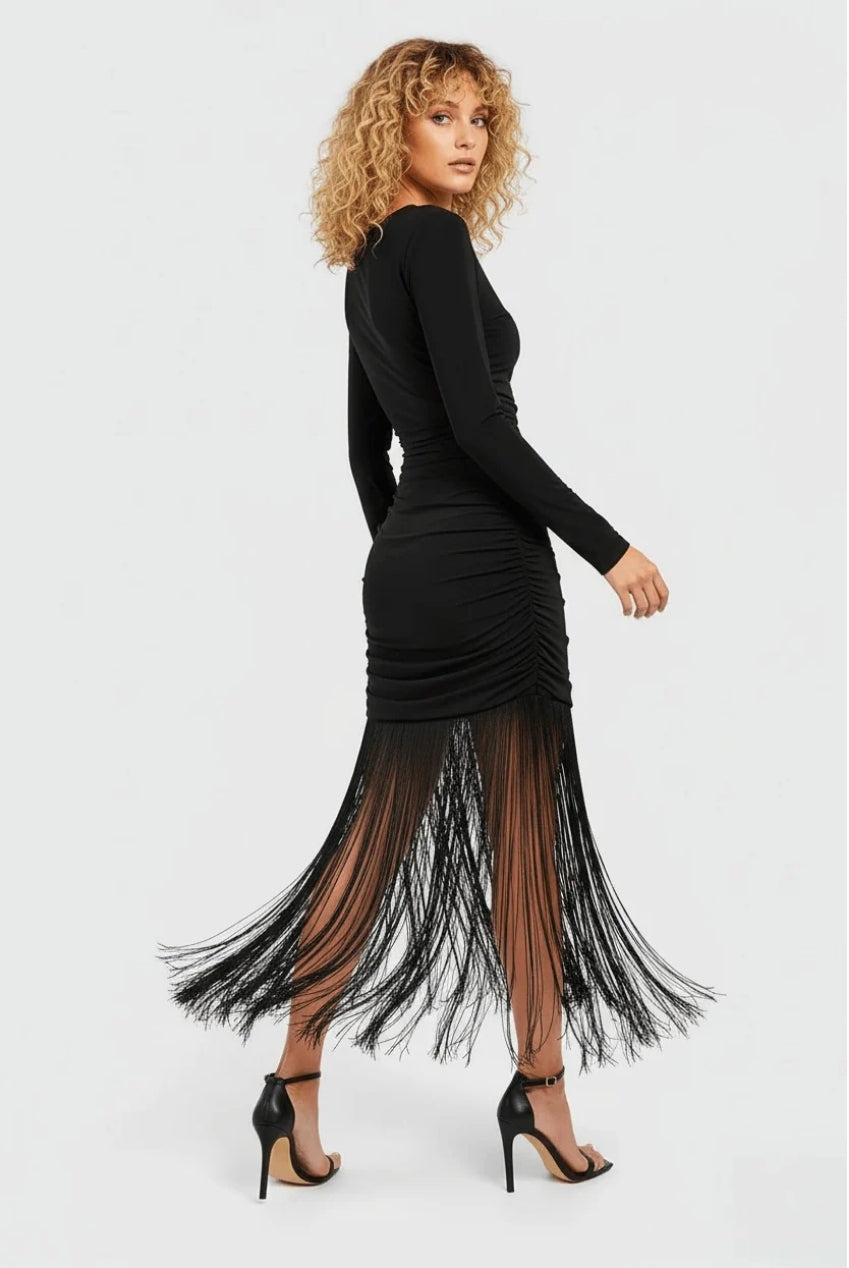 Black Fringe Tassel Hem Cami Long Sleeve Bodycon Midi Dress AV-GZZ73028