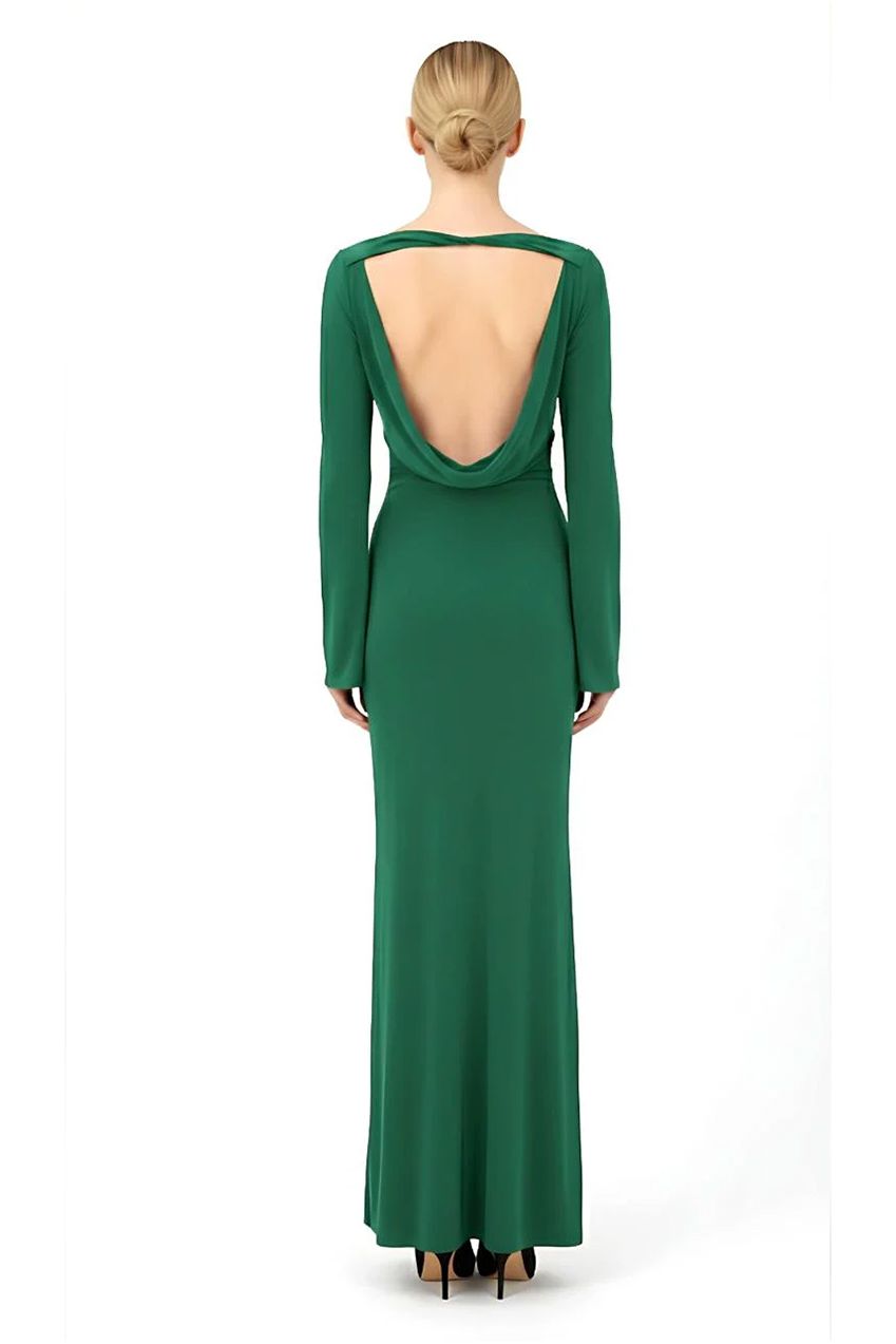 Bottle Green Backless Slinky Knot Waist Bodycon Maxi Dress AV-NDR1419BG