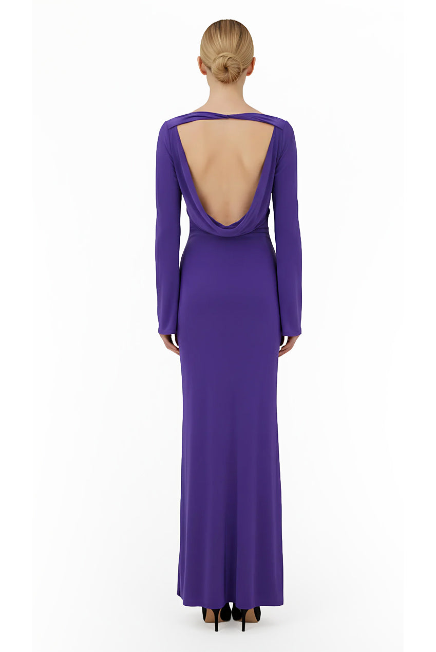 Purple Backless Slinky Knot Waist Bodycon Maxi Dress AV-NDR1419PPL