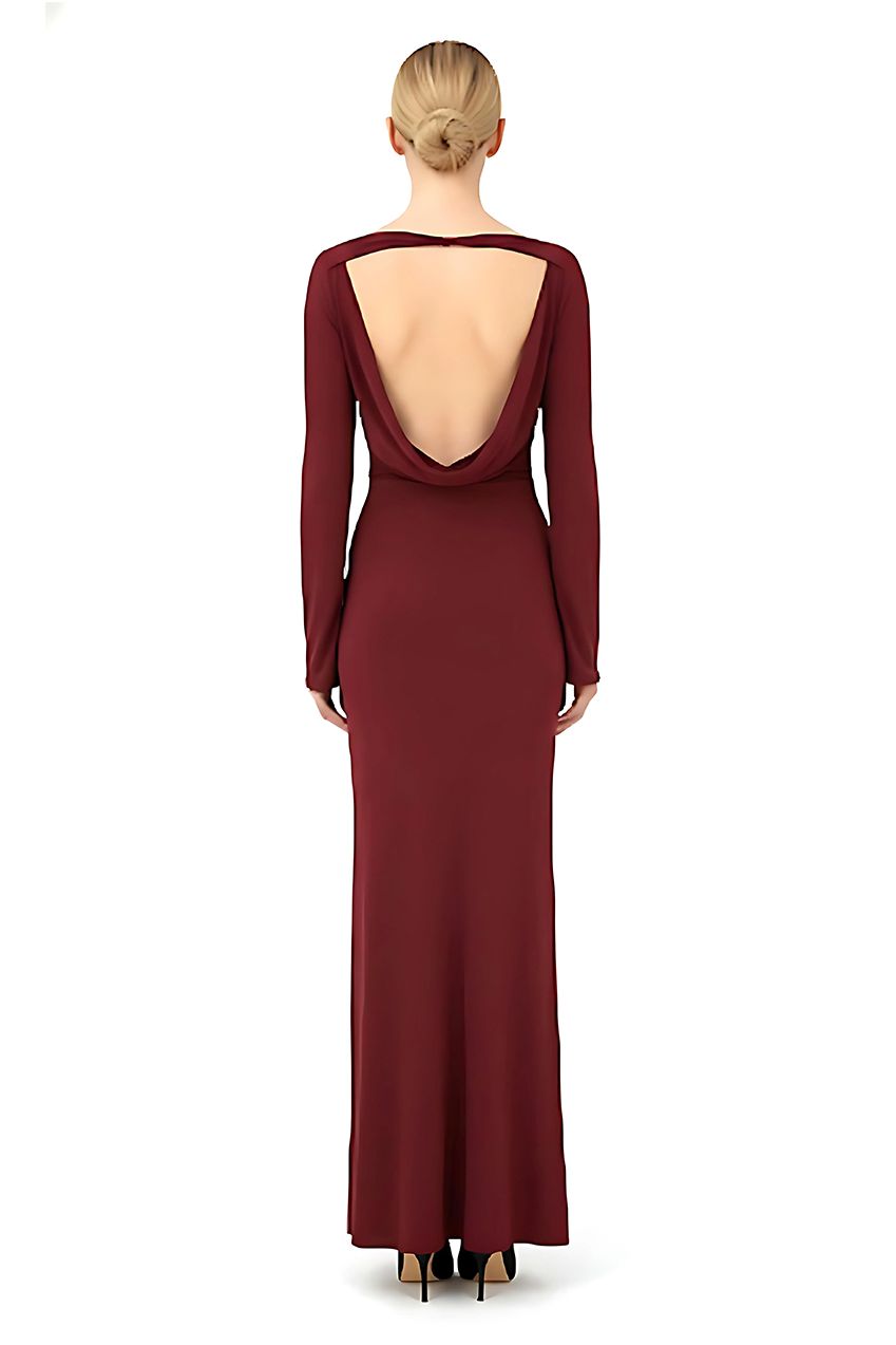 Wine Backless Slinky Knot Waist Bodycon Maxi Dress AV-NDR1419WN