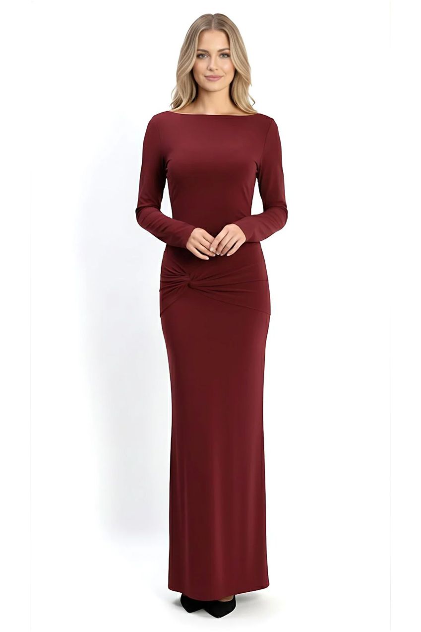 Wine Backless Slinky Knot Waist Bodycon Maxi Dress AV-NDR1419WN