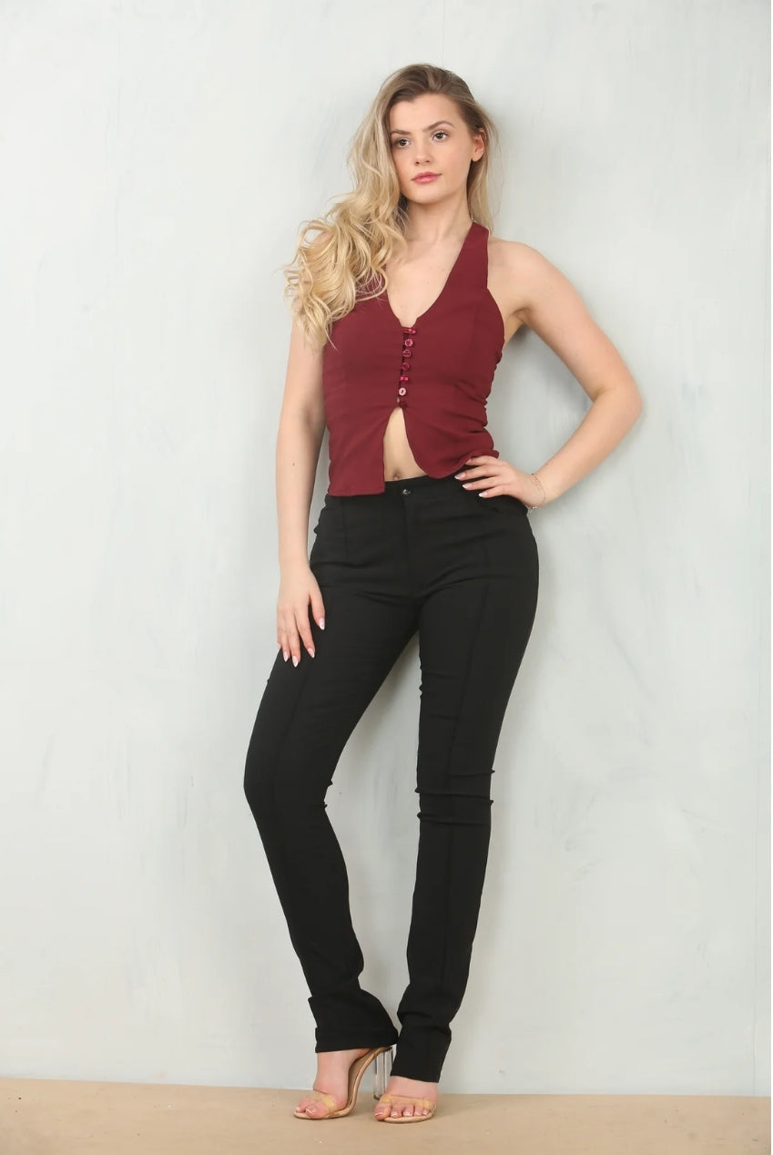 Wine Crepe Style Sleeveless Crop Halter Top AV-S1140WN