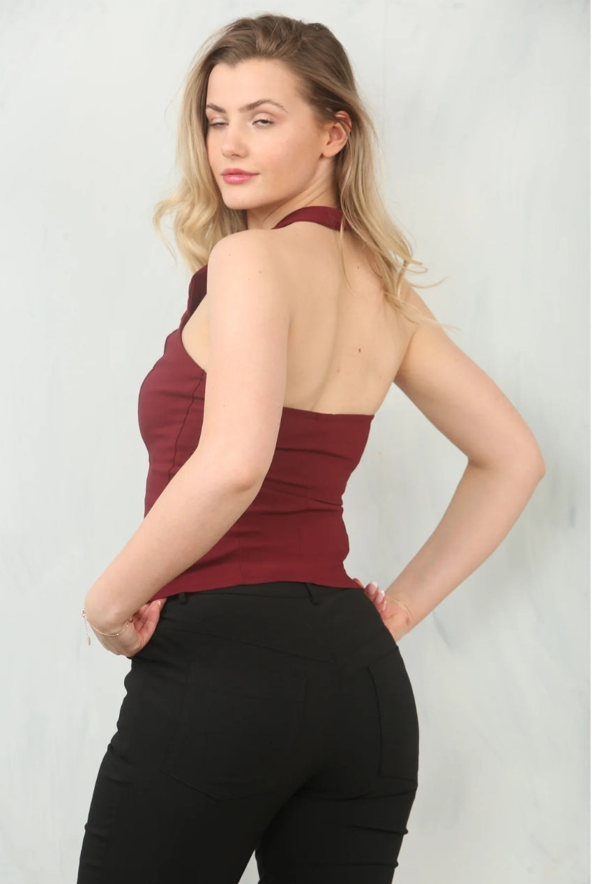 Wine Crepe Style Sleeveless Crop Halter Top AV-S1140WN