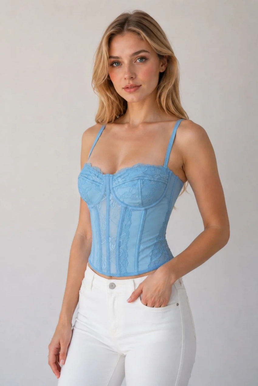 Powder Blue Lace Bustier Corset Top With Adjustable Straps AVCH-3333