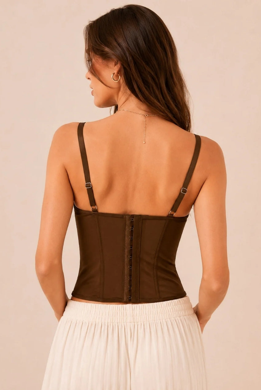 Chocolate Brown Lace Corset Top With Sheer Mesh Panels AVCH-5555
