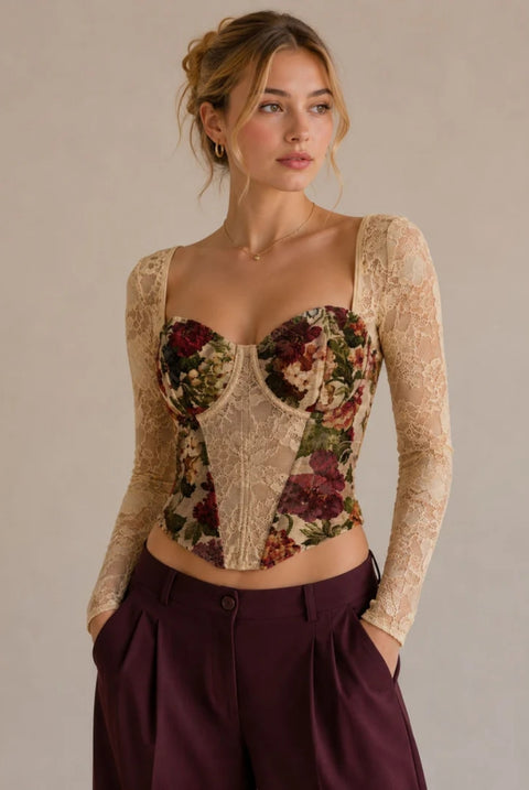 Floral Lace Long Sleeve Corset Top With Lace-Up Back by Avinci