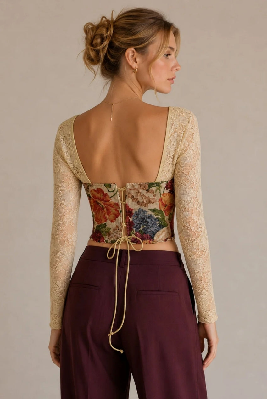 Floral Lace Long Sleeve Corset Top With Lace-Up Back AVCH-8809A