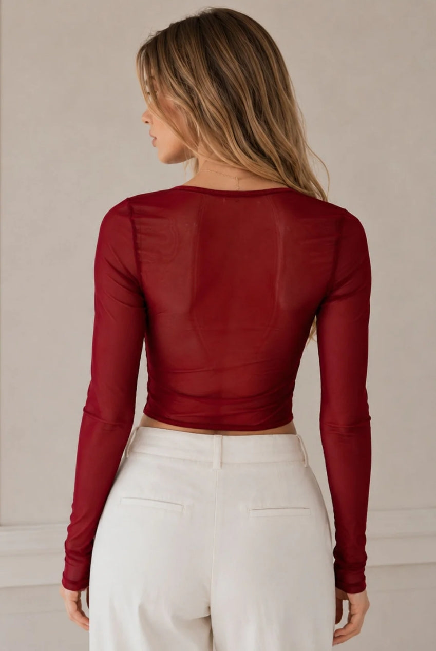 Wine Lace Corset Mesh Sleeve Top – Luxe Edition AVR-6133