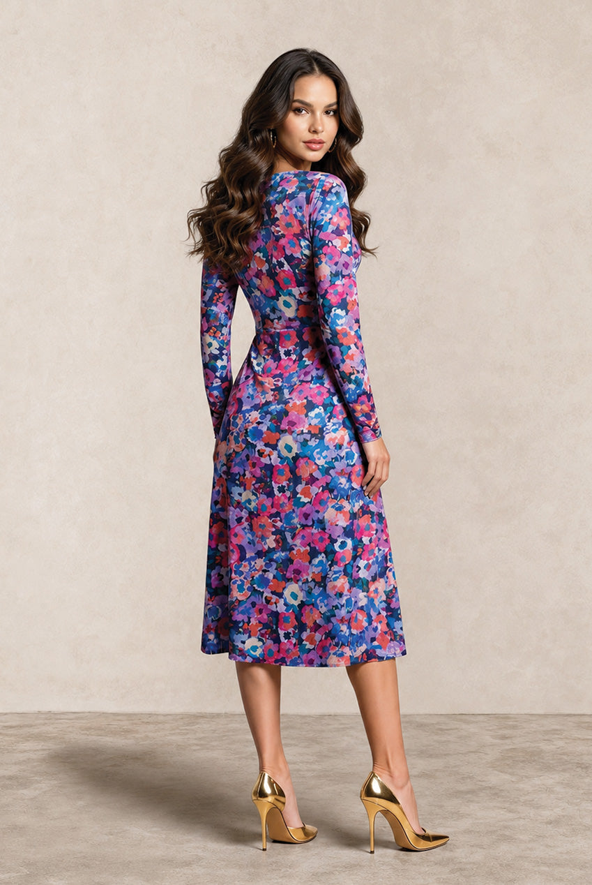 Floral Printed Button Front Satin Midi Dress In Multi AW24AD01MU