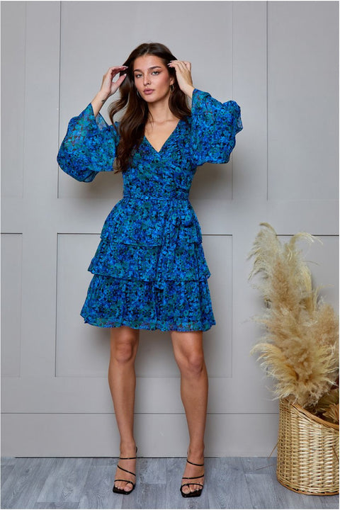 Floral Printed Wrap Dress In Blue by Chi Chi London