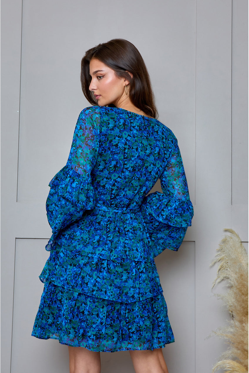 Floral Printed Wrap Dress In Blue AW24AD02BL