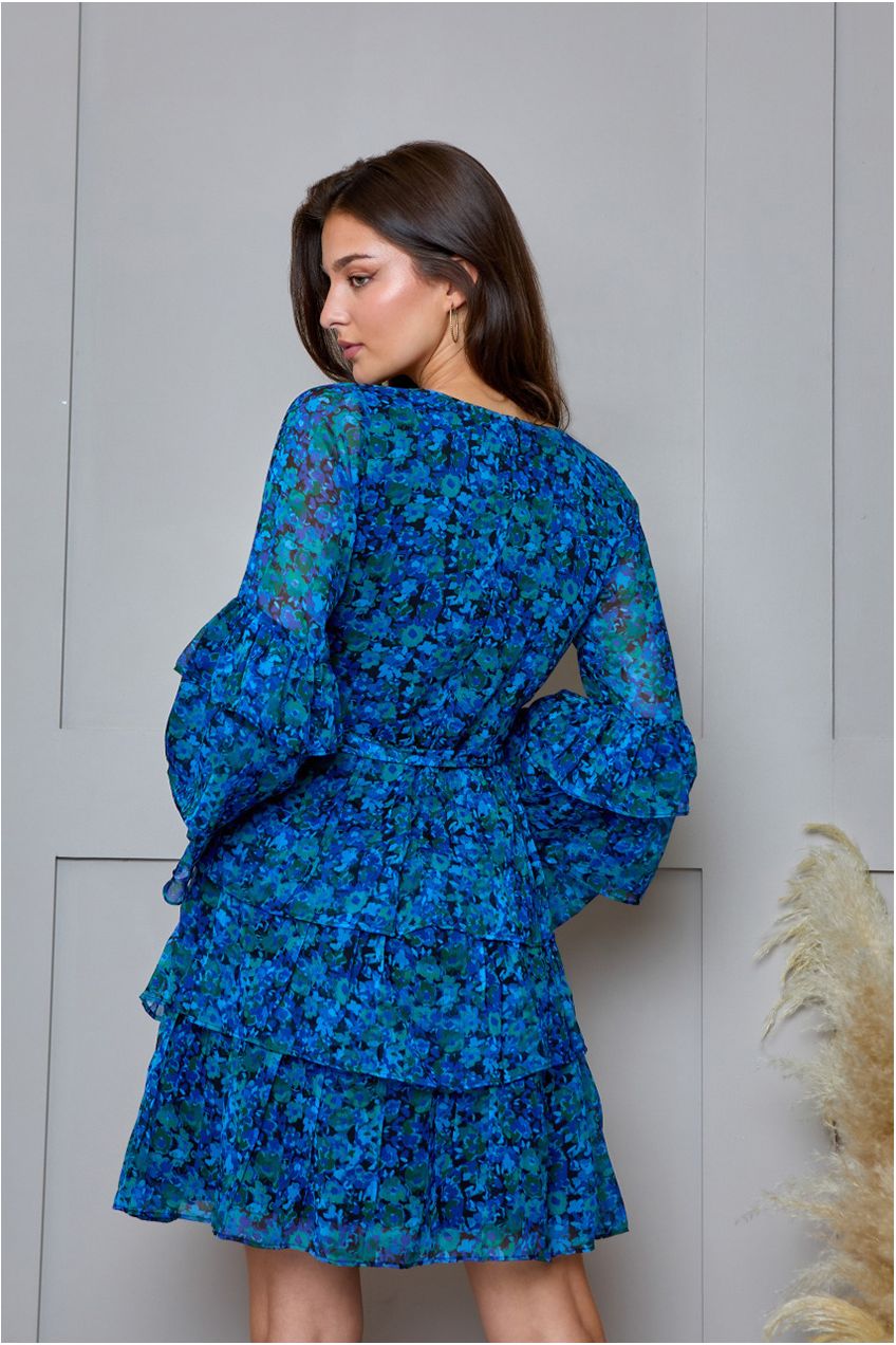 Floral Printed Wrap Dress In Blue AW24AD02BL