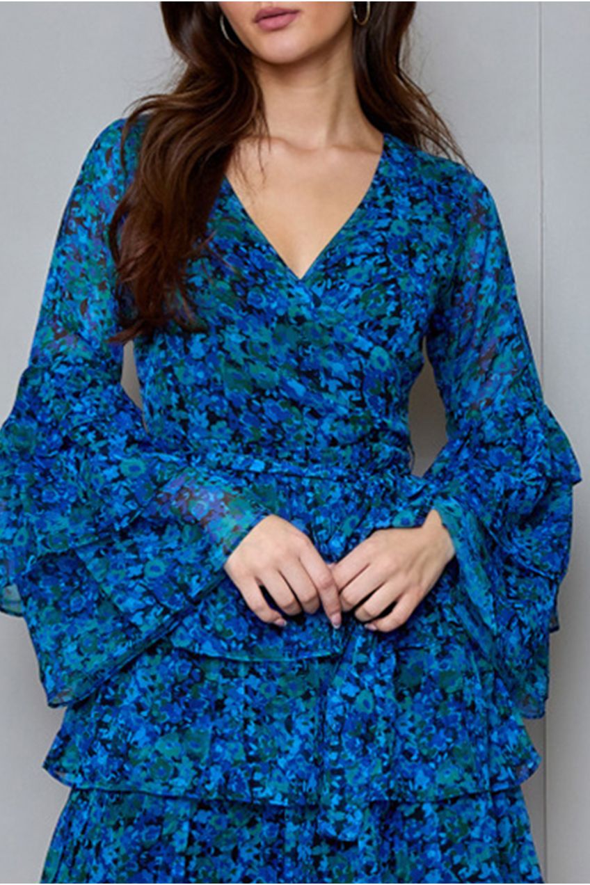 Floral Printed Wrap Dress In Blue AW24AD02BL