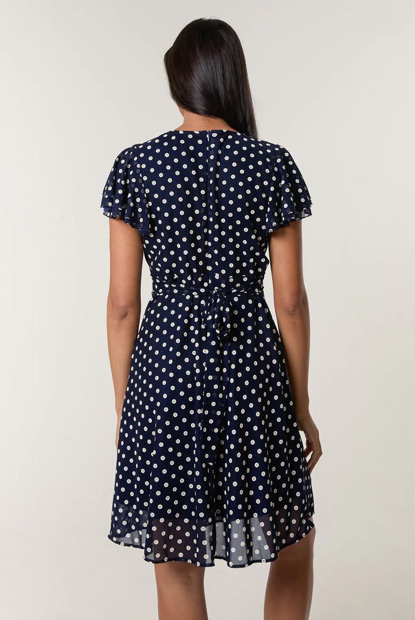 Polka Dot Mesh Frill Sleeve Wrap Dress With Tie Waist AW25167B008