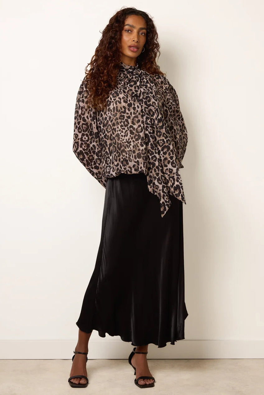 Leopard Diamante Tie Neck Puffball Blouse AW26013B058
