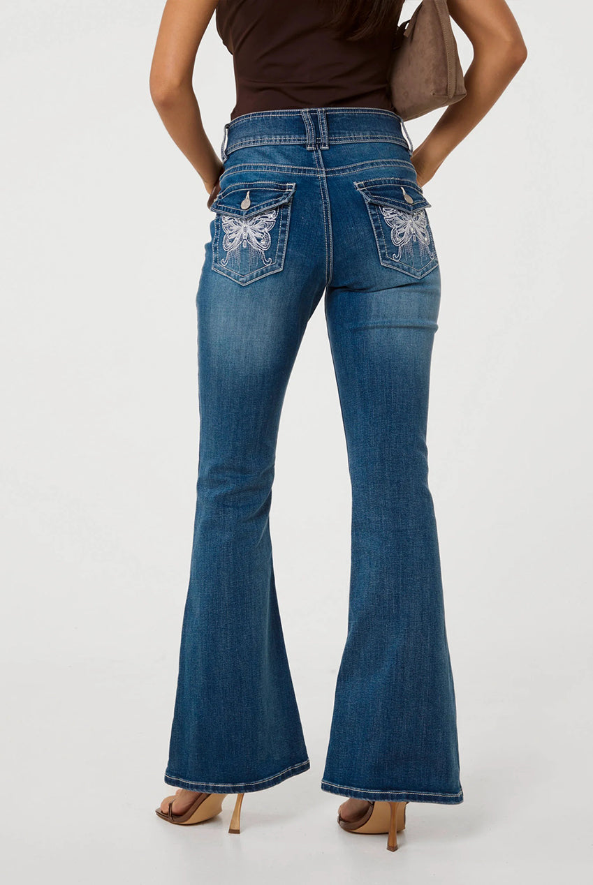 Embellished Butterfly Pocket Flare Jeans AW26054P018