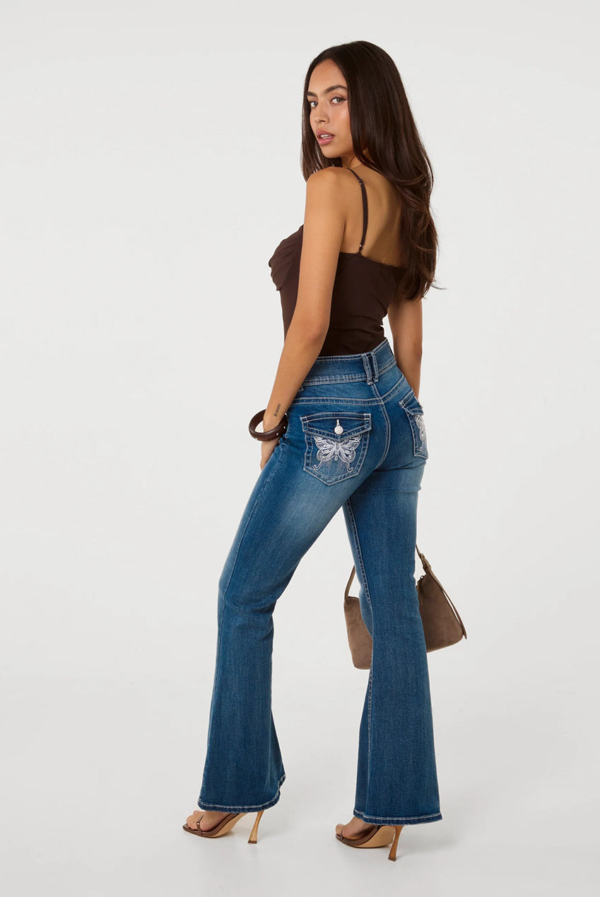 Embellished Butterfly Pocket Flare Jeans AW26054P018