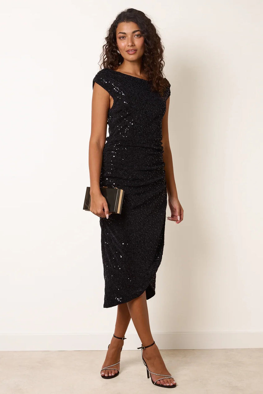 Off Shoulder Ruched Sequin Midi Dress AW26078B008