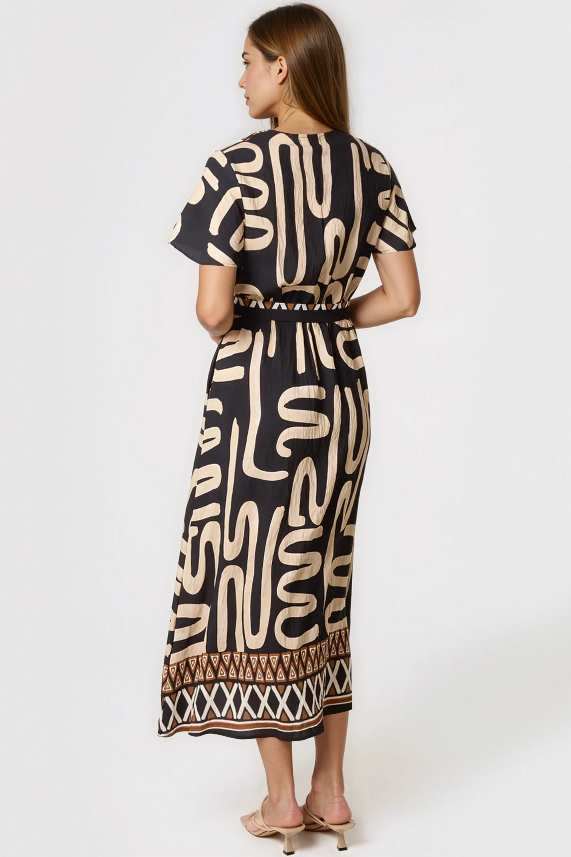 Black Abstract Print Wrap Midi Dress ALCC2685003