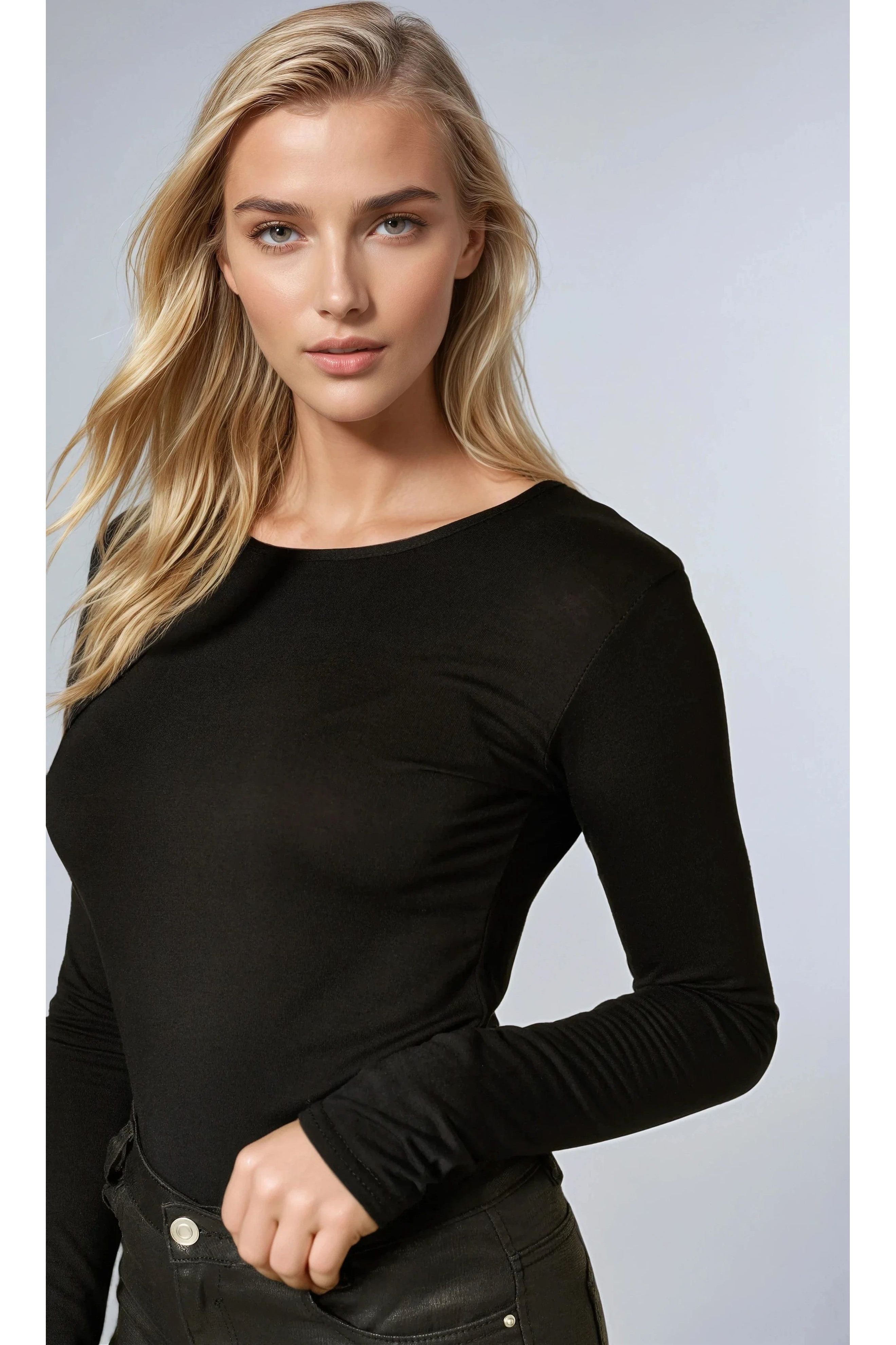 Black Round Neck Long Sleeve Top ANDREA