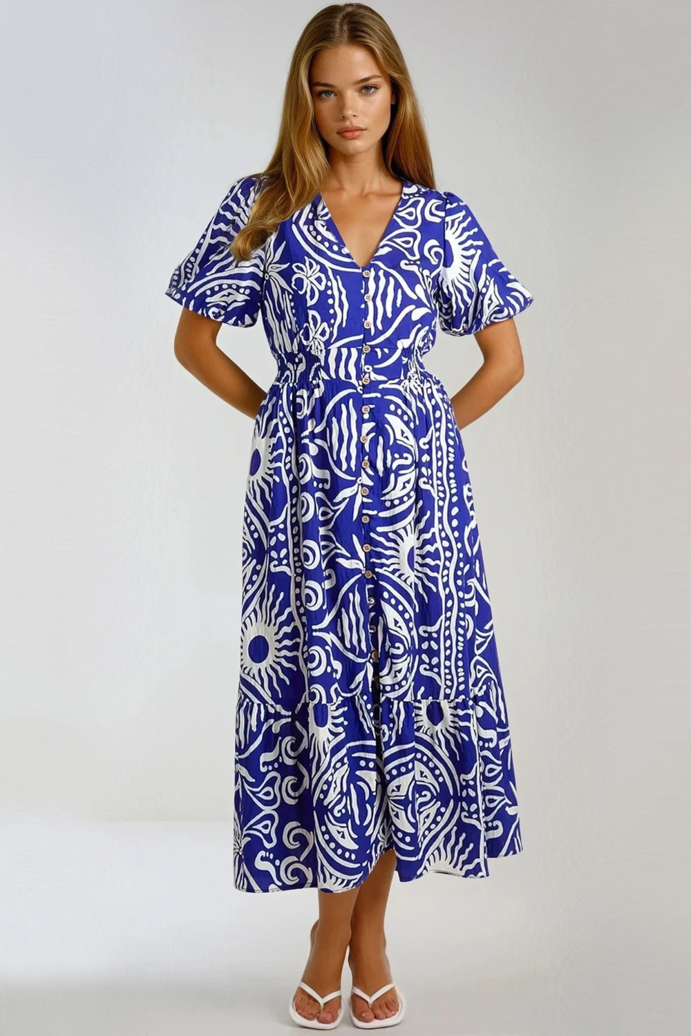 Royal Blue Puff Sleeve Midi Dress ALNL257837
