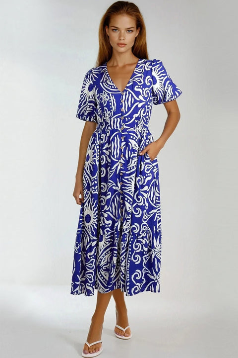 Royal Blue Puff Sleeve  Midi Dress by Aftershock London