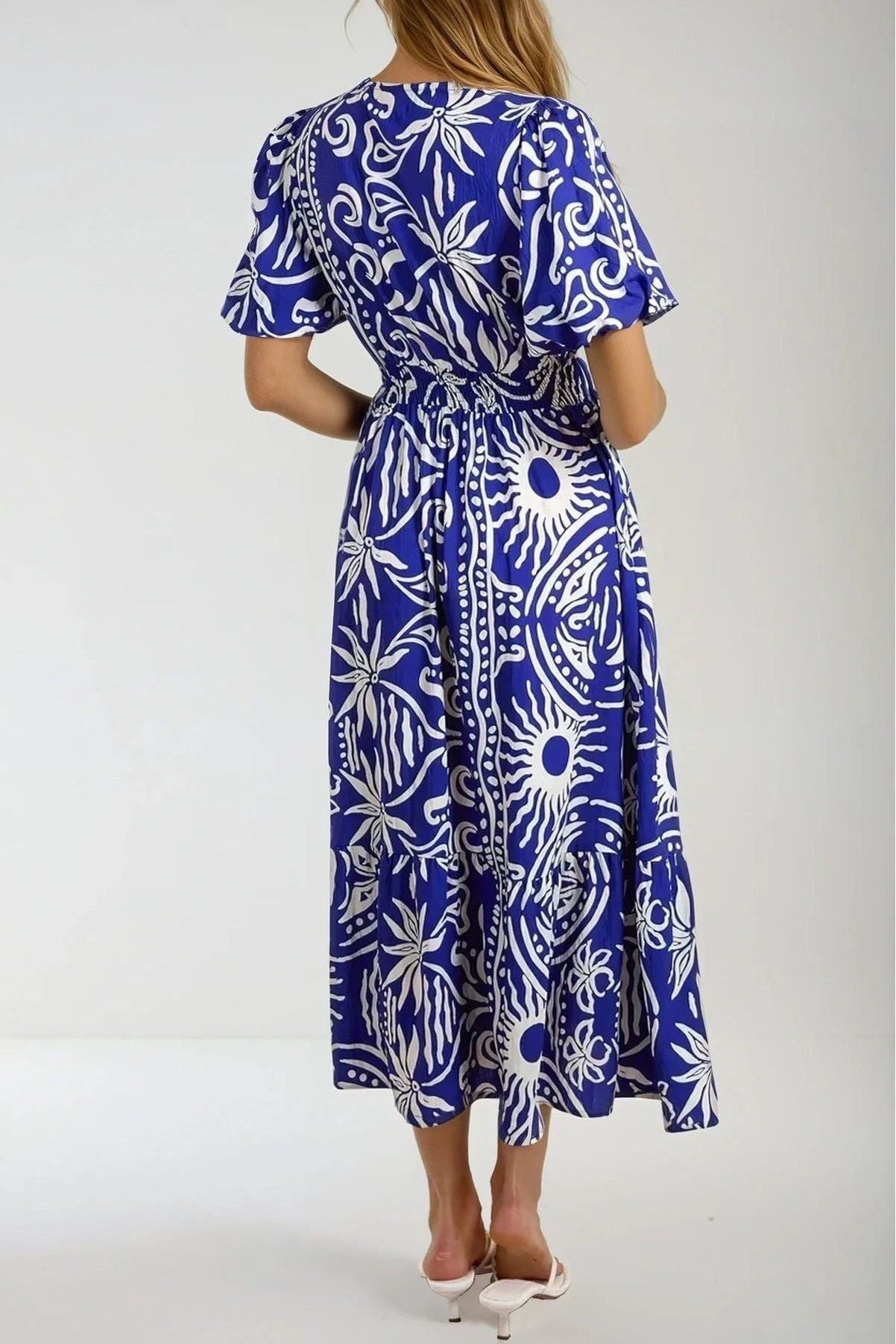 Royal Blue Puff Sleeve Midi Dress ALNL257837