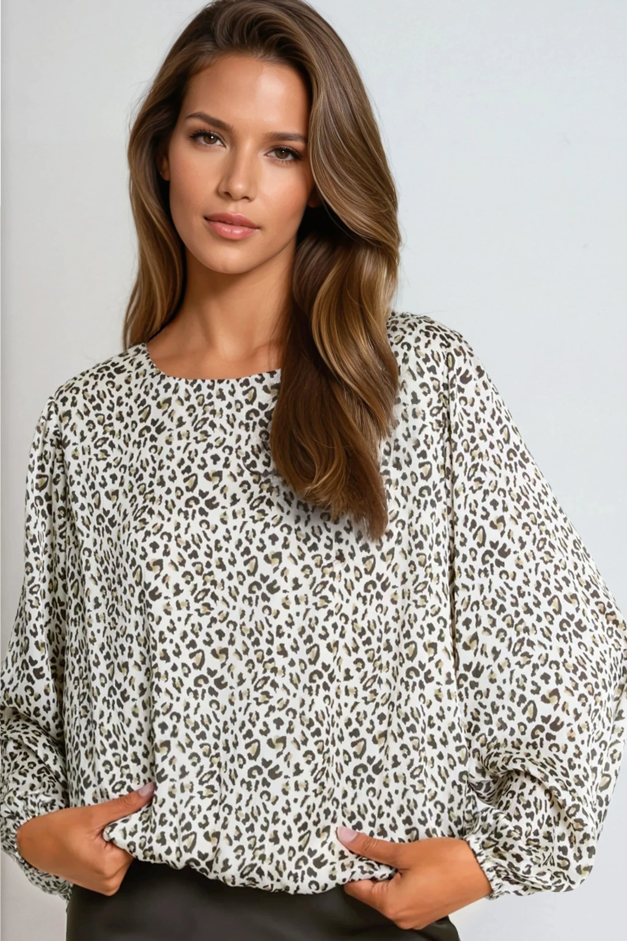 Khaki Leopard Print Round Neck Top ALNL258403056