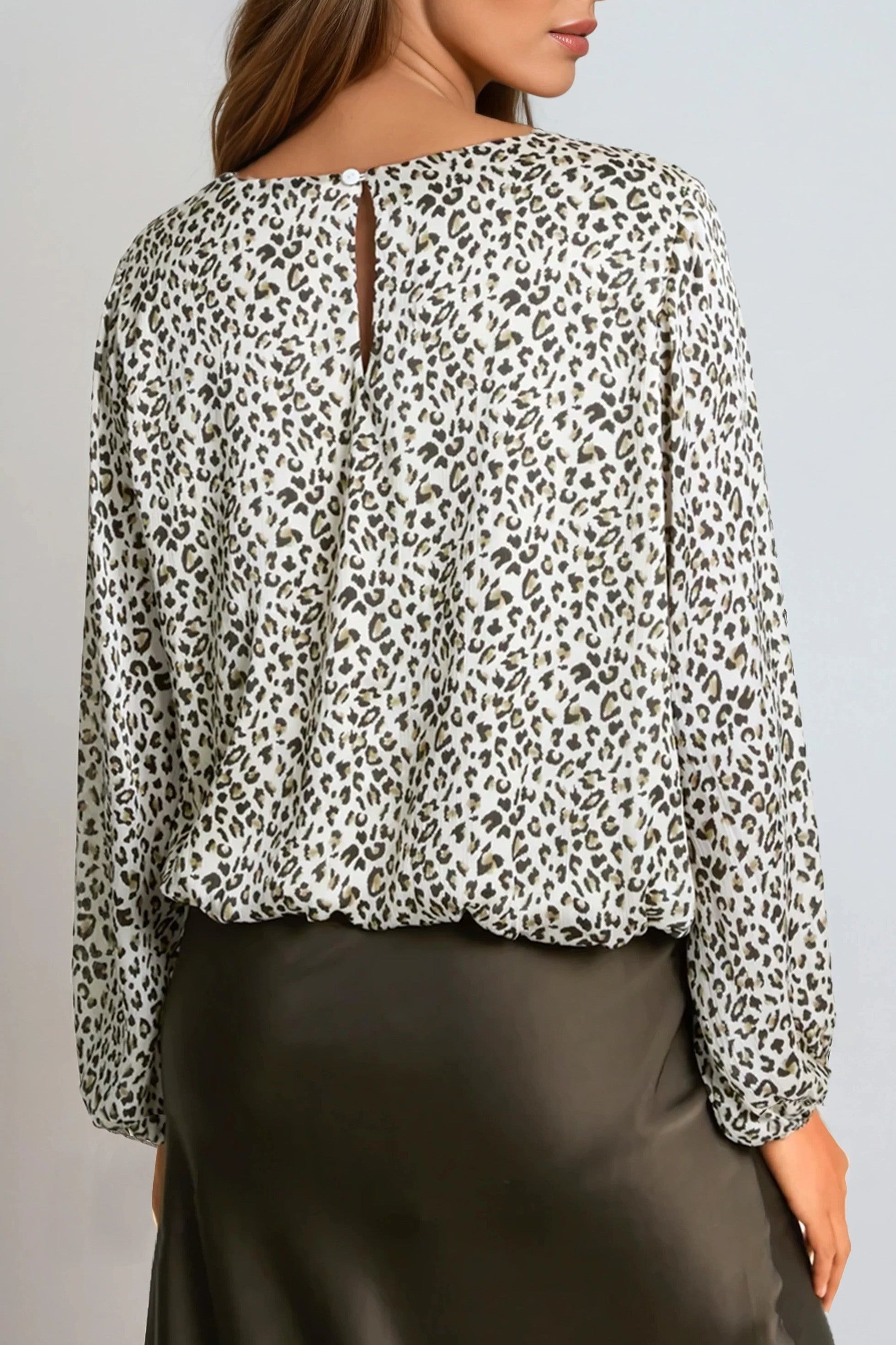 Khaki Leopard Print Round Neck Top ALNL258403056