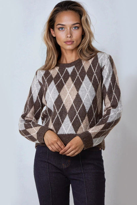 Light Brown Grey Wool Blend Jacquard Jumper by Aftershock London
