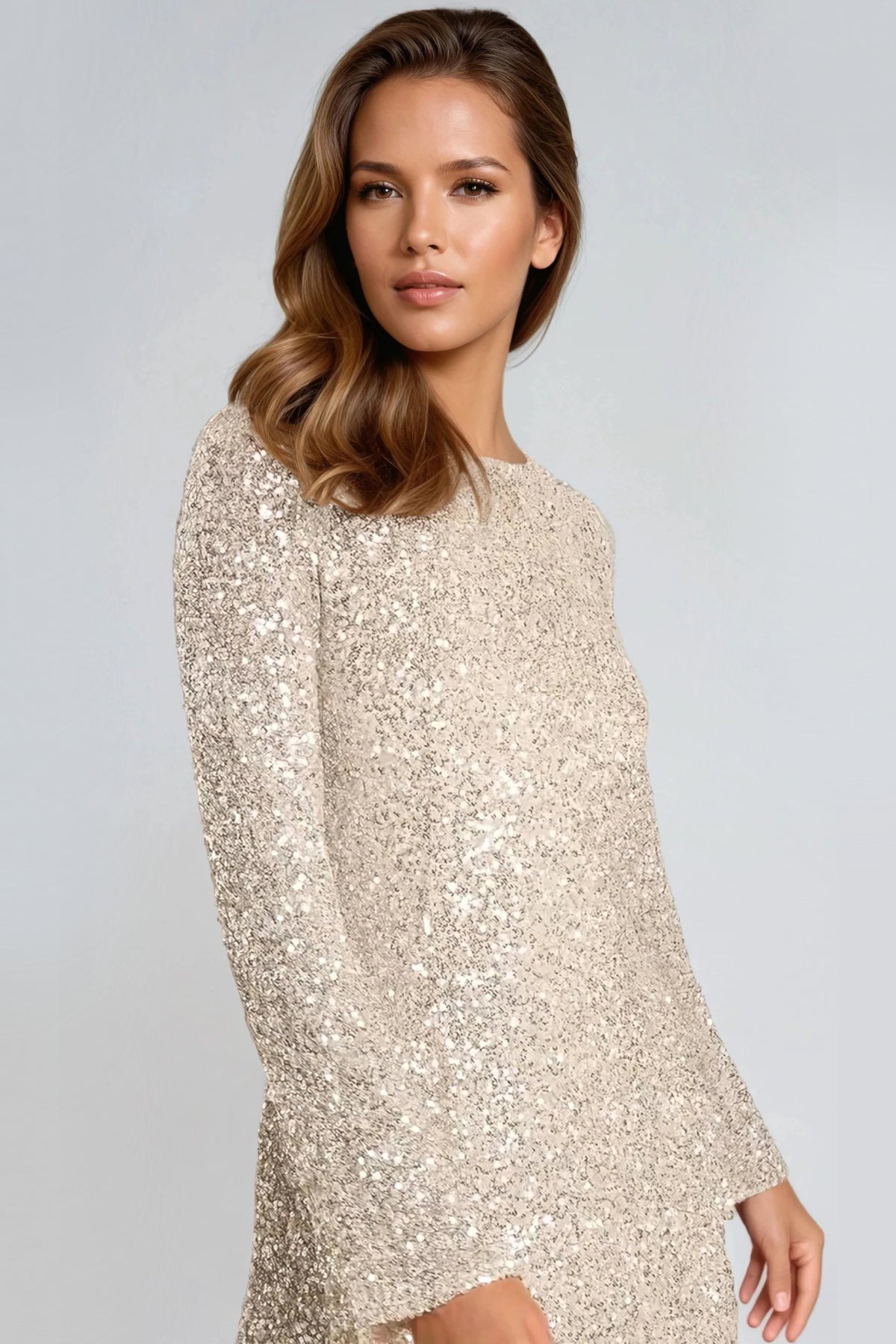 Champagne Bow Back Sequin Mini Dress ALNL258863038