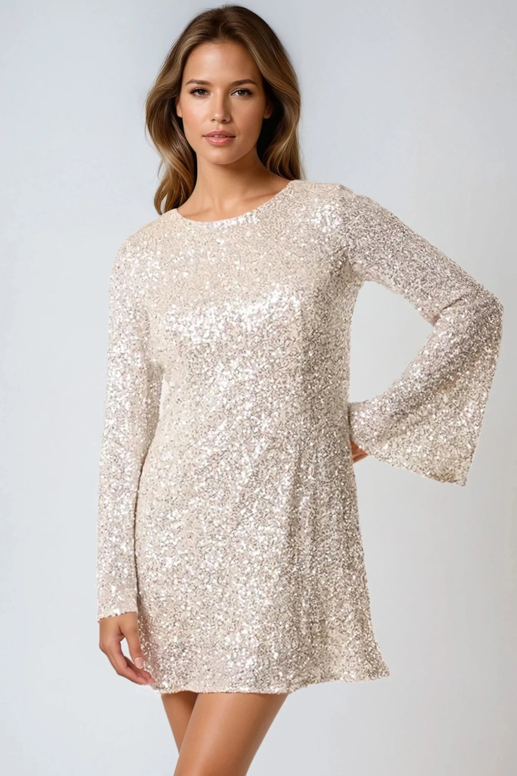 Champagne Bow Back Sequin Mini Dress ALNL258863038