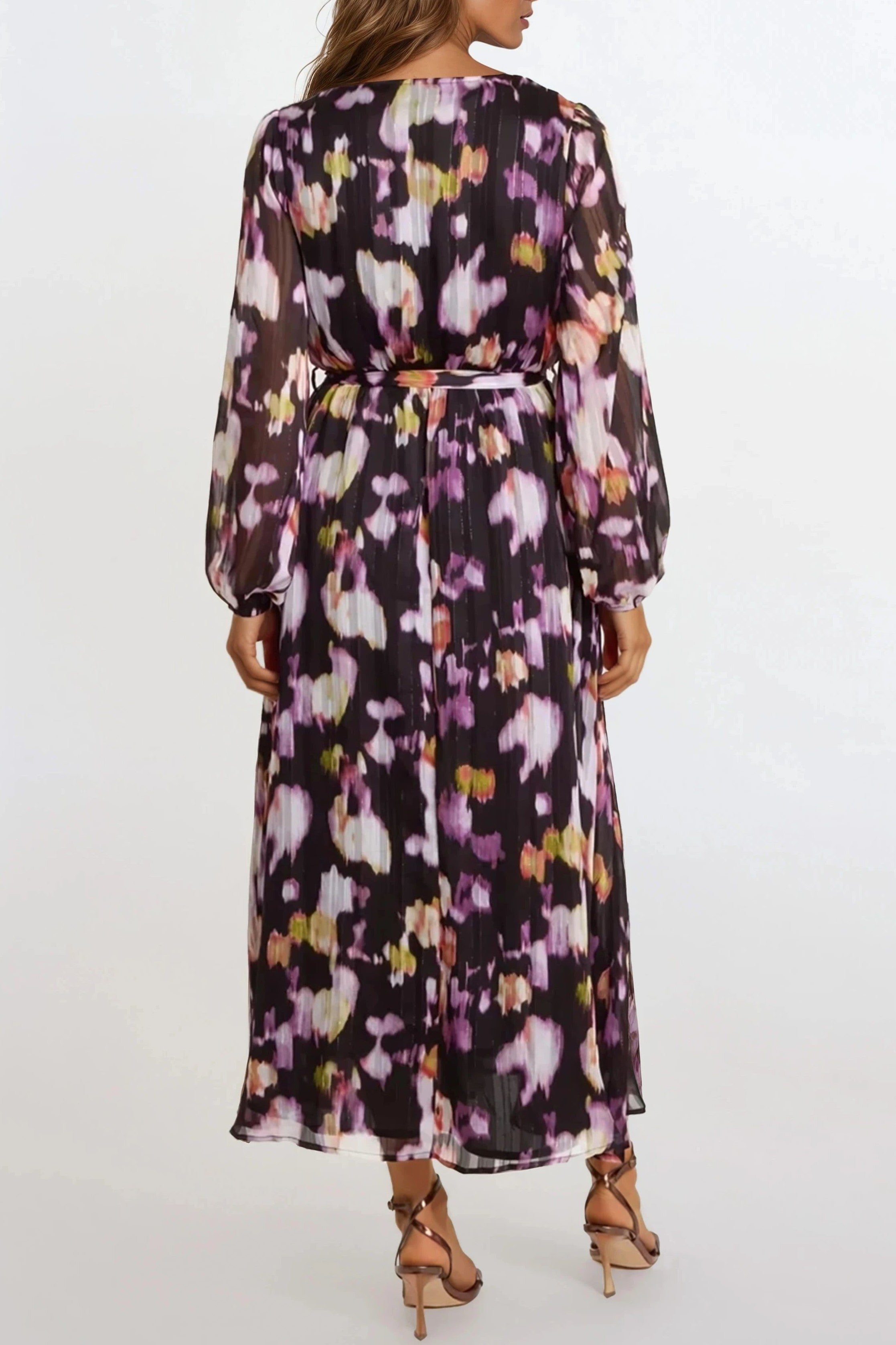 Black Abstract Print Wrap Midi Dress ALNL258804091