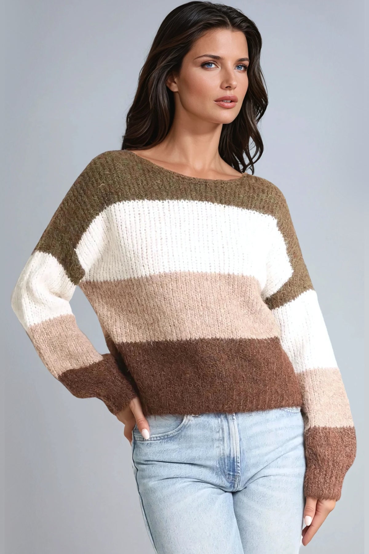 Khaki Wool Blend Colour Block Knitted Jumper ALWF5343