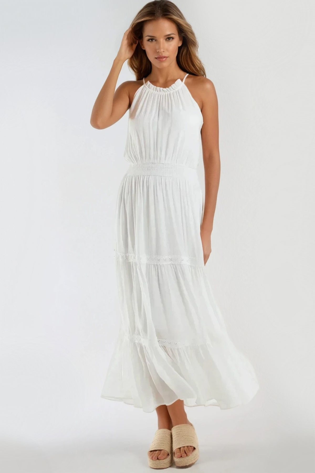 Ivory Tiered Halterneck Maxi Dress With Crochet Details ALNL245902056