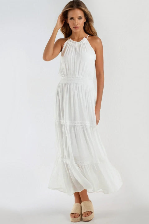 Ivory Tiered Halterneck Maxi Dress With Crochet Details by Aftershock London
