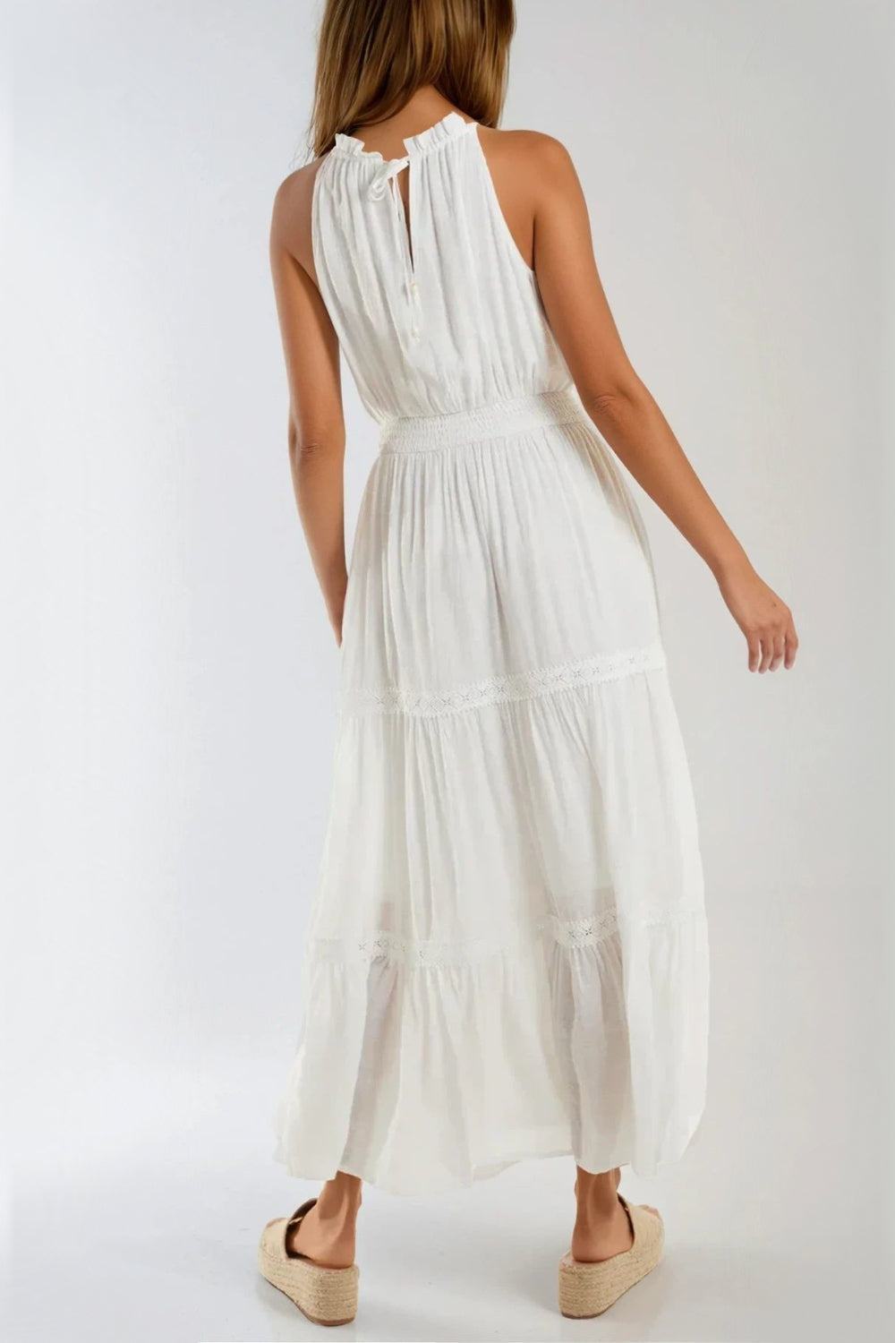 Ivory Tiered Halterneck Maxi Dress With Crochet Details ALNL245902056