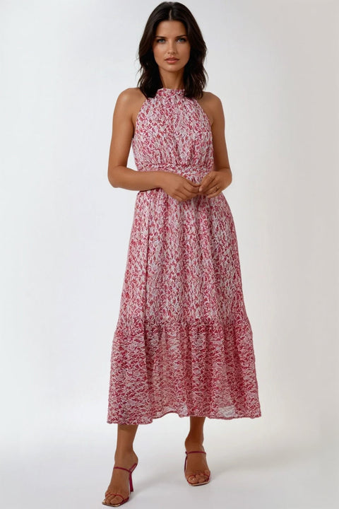Pink Abstract Print Halterneck Maxi Dress by Aftershock London