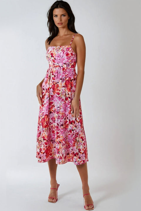 Pink Floral Cami Midi Dress With Cut Out Back by Aftershock London