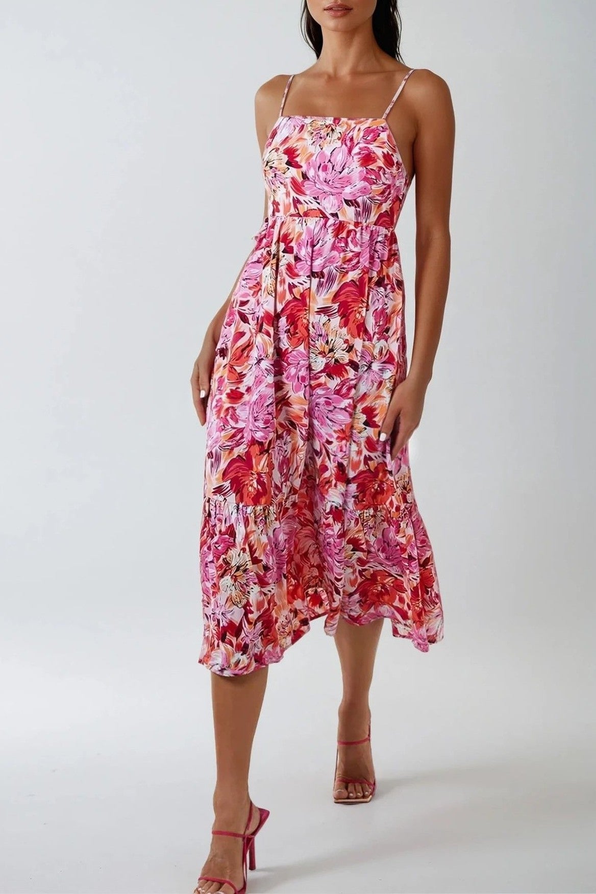 Pink Floral Cami Midi Dress With Cut Out Back ALNL233854075