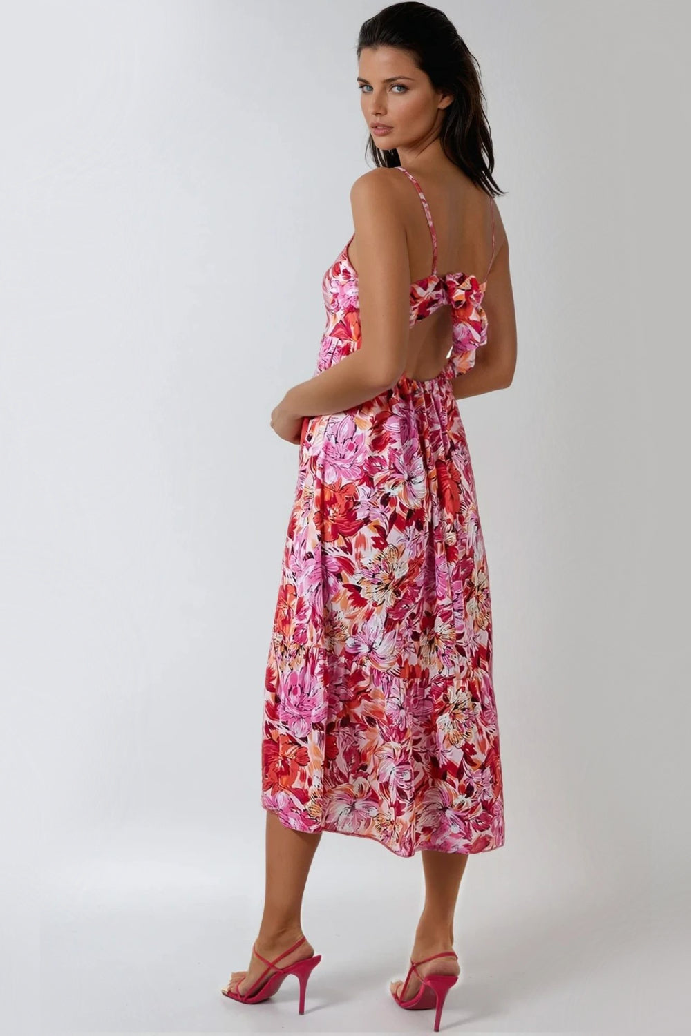 Pink Floral Cami Midi Dress With Cut Out Back ALNL233854075
