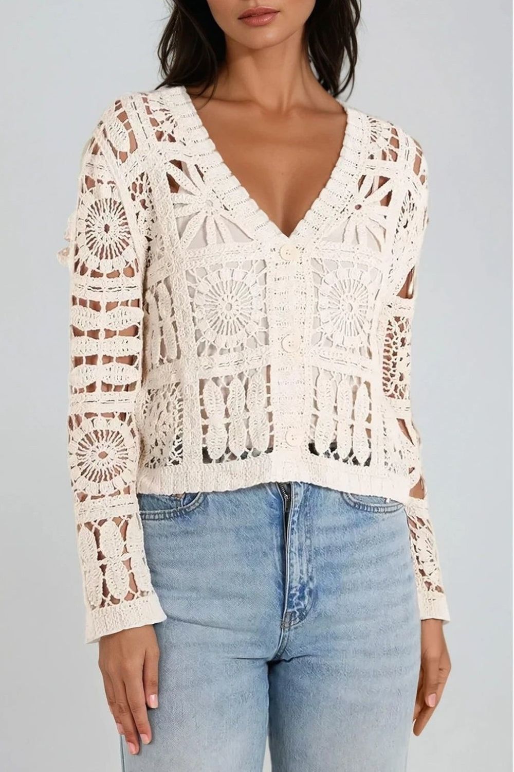 Beige Patchwork Crochet V Neck Cardigan ALWF5315NV001