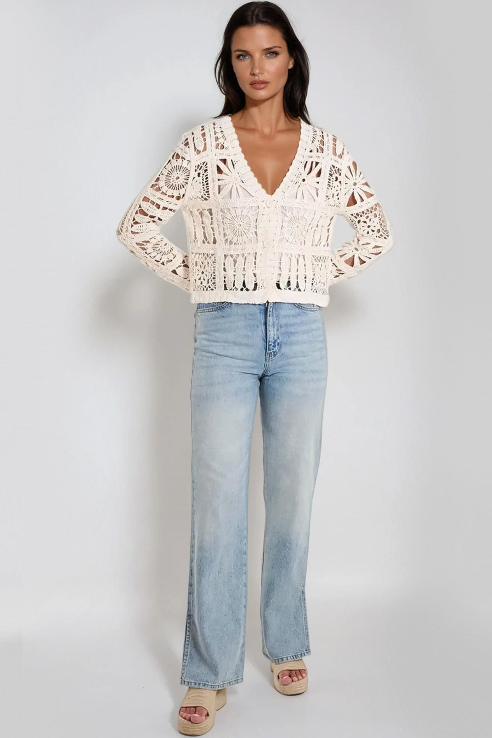 Beige Patchwork Crochet V Neck Cardigan ALWF5315NV001