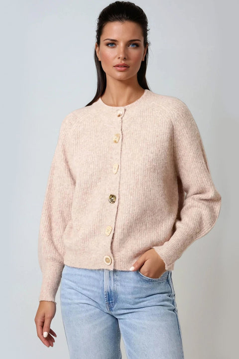 Beige Wool Blend Ribbed Knitted Cardigan by Aftershock London