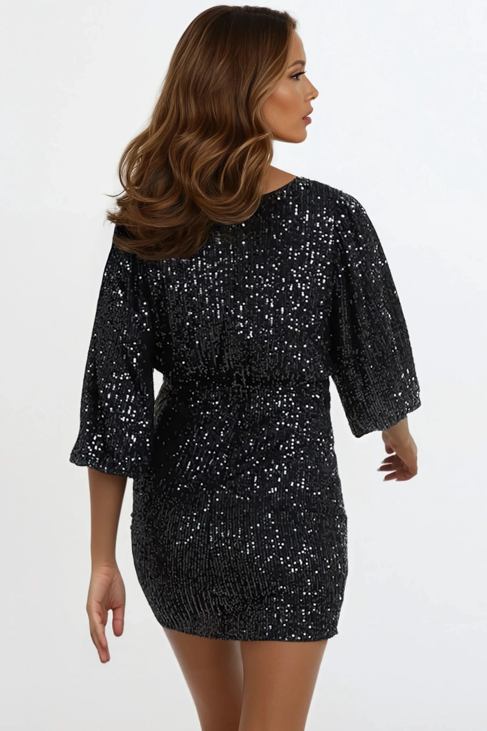 Black Sequin V Neck Mini Dress ALNL234855003