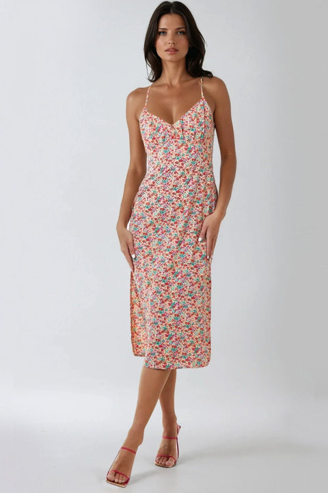 Pink Floral Strappy Midi Dress With Ties by Aftershock London